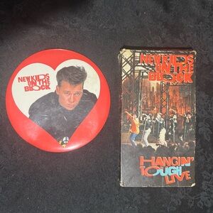 80s New Kids On The Block “Hangin’ Tough” VHS tape and big Donnie Wahlberg Pin